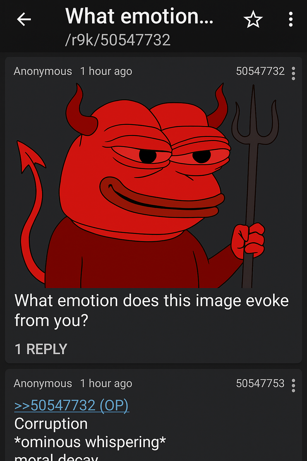 /r9k/ thread Evil Pepe image with text asking what emotion it evokes in the viewer